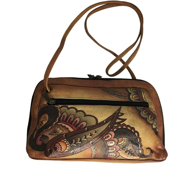 Anuschka NEVER USED Handpainted Leather Crossbody Bag Saddle Paisley - Picture 1 of 12